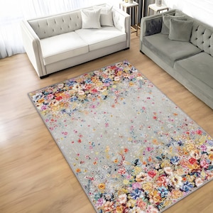 Floral Rug For Cottagecore Decor, Flower Rug For Bedroom Aesthetic, Colorful Living Room Rug, Farmhouse Decor, Washable Non-Slip Kitchen Rug