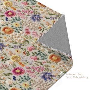Summer Flower Bloom Rug, Floral Area Rug, Cottagecore Floor Mat For Nursery Living Room Bedroom Kitchen, Colorful Rug, Faux Embroidery