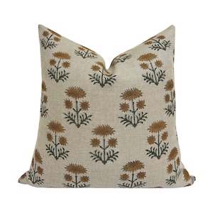 KAYLEE || Designer Floral Linen Pillow Cover, Beige Floral Pillow Cover, Block Print Linen Pillow, Large Floral Pillow, Brown Floral, Spring