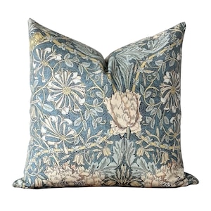 Floral Block Print Pillow Cover | William Morris Inspired Designer Pillow Cover | Teal Floral Throw Pillow | Honey