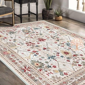 Tile Pattern Rug|Ethnic Machine-Washable Non-Slip Rug|Floral Kilim Design Turkish Rug|Boho Living Room Rug|Multi-Purpose Anti-Slip Carpet