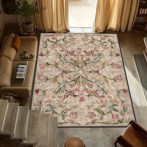 Boho Chic Elegance Floral Rug, Turkish Traditional Unique Rug, Washable Non-Slip Rug, Distressed Large Area Rug, Rugs for Living Room