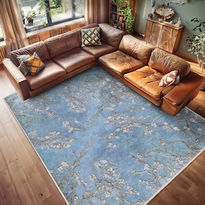 Branch Blossom Blue Area Rug - Vintage Floral Accent Carpet - Spring Garden Scene Mat - Almond Tree Area Rug - Rustic Pastel Floor Carpet
