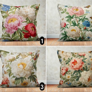 Vintage Peony Flowers Pillow Cover, Boho Classic Floral Pillow Case, Elegant Romantic Cushion Cover, Traditional Farmhouse Decor, Any Size