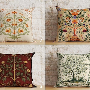 Tree of Life Pillow Covers, Folk Art Cushion Cover, Ethnic Sofa Pillow Case, Flower and Leaves Cushion Cases, Tree with Flowers Pillow Top