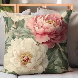 Peony Floral Throw Pillow, Vintage Floral Cushion, Elegant Home Decor, Soft Accent Pillow, Gift for Flower Lovers