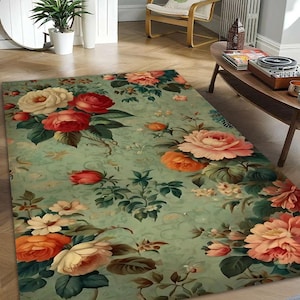 Vintage-Style Floral Rug - Rustic Botanical Area Carpet Shabby Chic Home Decor - Washable NonSlip Soft Living Room Rug Cottagecore Aesthetic