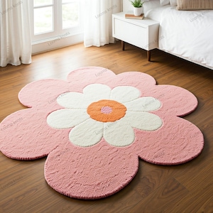 Handmade Pink Flower Rug Cute Daisy Aesthetic Carpet Soft Plush Kids Room Rug Boho Floral Decor Cozy Bedroom Area Rug