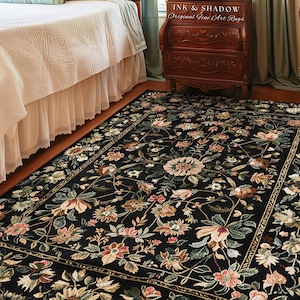 Victorian Folk Art Floral Rose Garden Rug | Dark Cottagecore Fairytale Decor Romantic Rustic Living Room Whimsical Vintage Aesthetic Accent