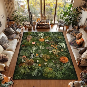 Botanical Moss Area Rug Wildflower Cottagecore Decor Farmhouse Rug Washable Green Plant Rug Floral Home Decor Garden Inspired Rug