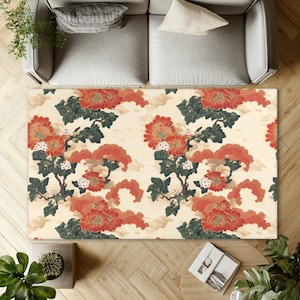 Japanese Floral Area Rug | Vintage Chrysanthemum Oriental Living Room Rug | Nature Themed Area Rug | Flower Lover Boho Botanical Home Decor