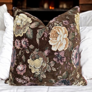 Brown Floral Tapestry Pillow Cover , Vintage Style Couch Pillowcase , Large Flower Textured Euro Sham Lumbar , Sofa Cushion Gift