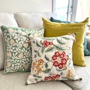 Hand Embroidered Spring Floral Cushion Cover, Botanical Throw Pillow, Nature-Inspired Decor, Cottagecore Sofa Accent, Cozy Home Gift