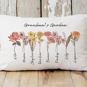Grandma’s Garden Birth Flower Pillow, Custom Floral Pillow, Made in USA, Birth Flower Design with Grandchildren’s Names, Mother’s Day Gift